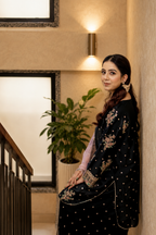 Noir Elegance – Embroidered Satin Silk Farshi Set