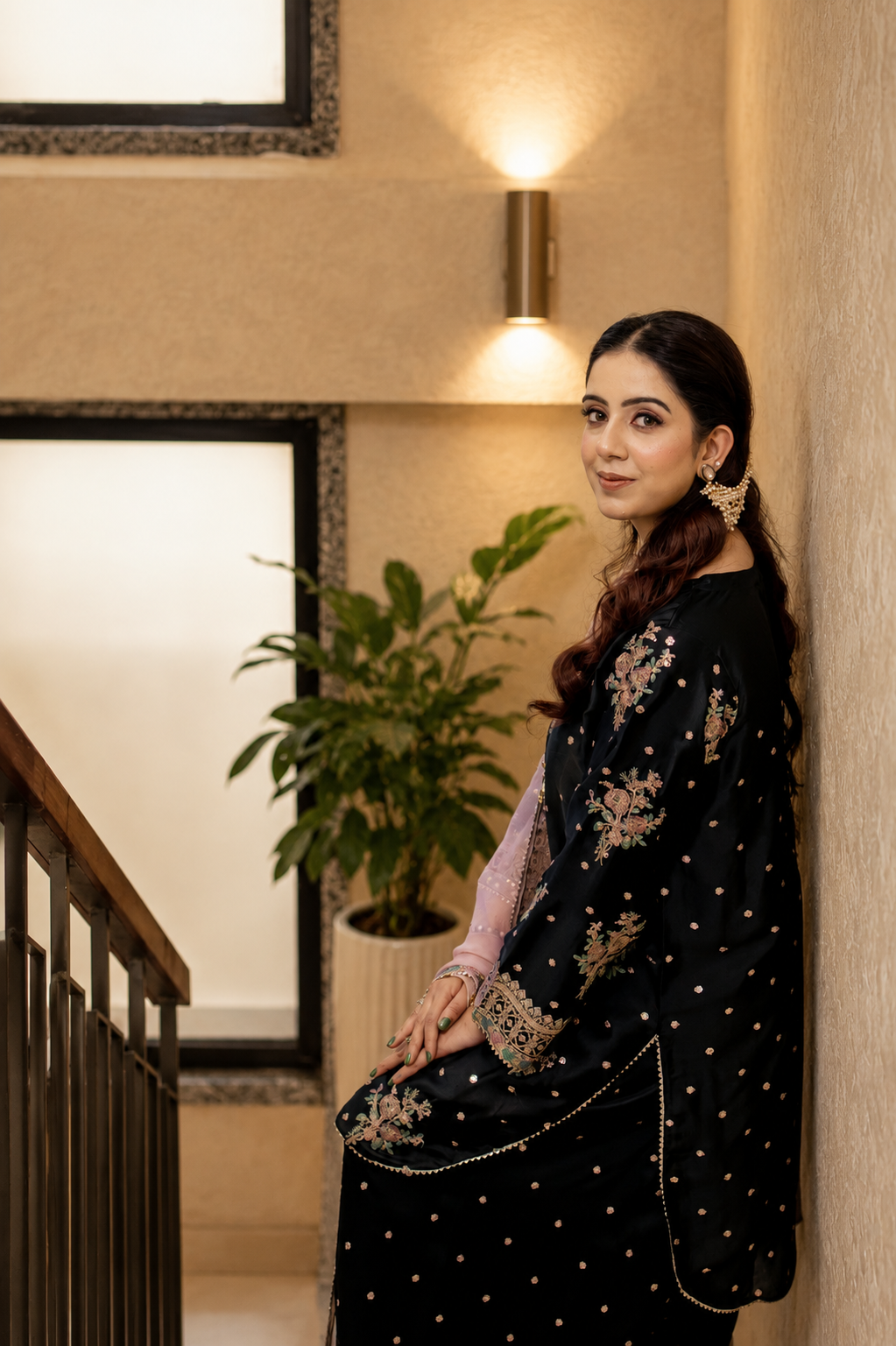 Noir Elegance – Embroidered Satin Silk Farshi Set