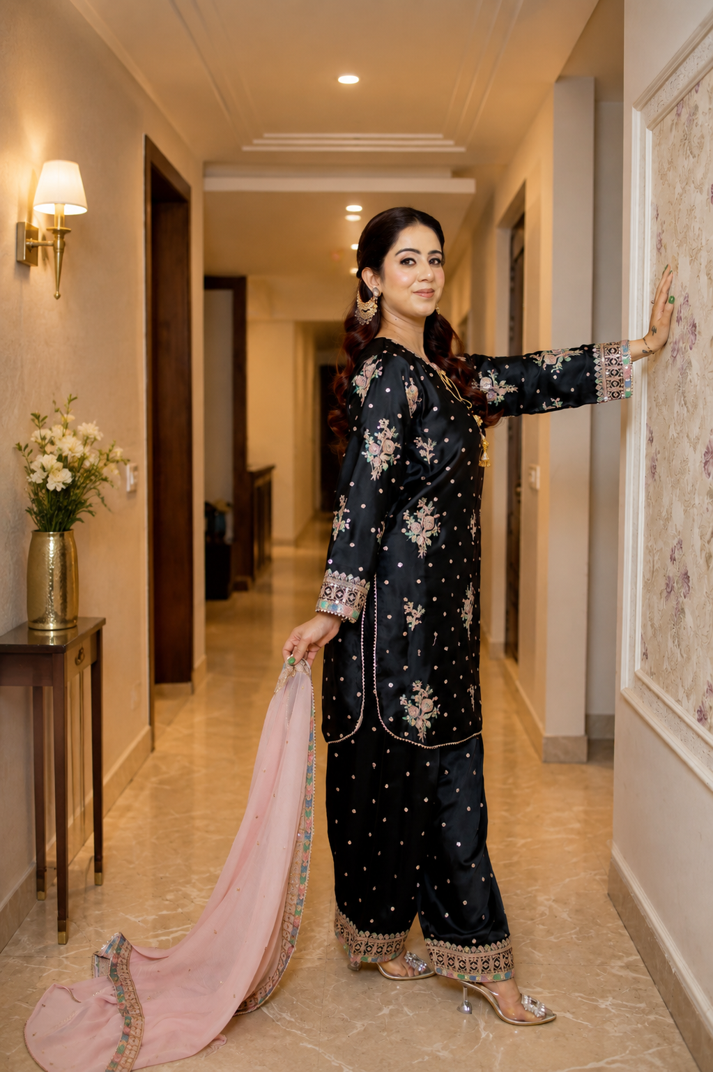 Noir Elegance – Embroidered Satin Silk Farshi Set