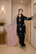 Noir Elegance – Embroidered Satin Silk Farshi Set