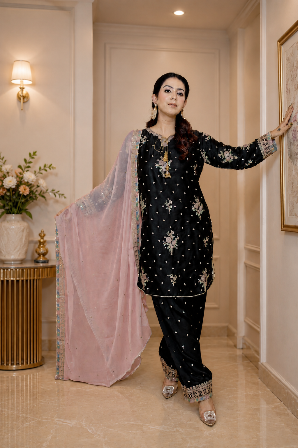 Noir Elegance – Embroidered Satin Silk Farshi Set