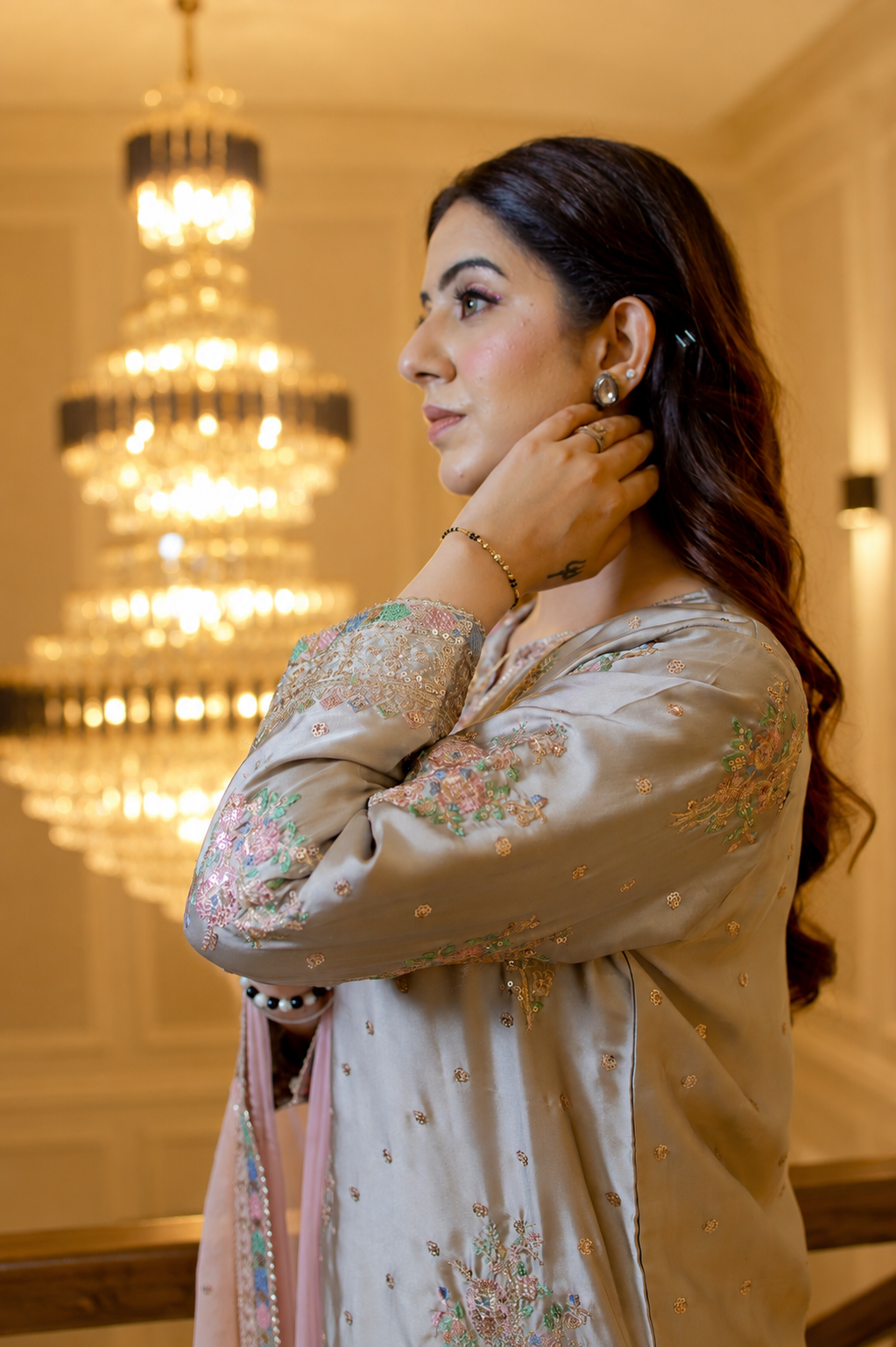 Silver Mist – Embroidered Satin Silk Farshi Set