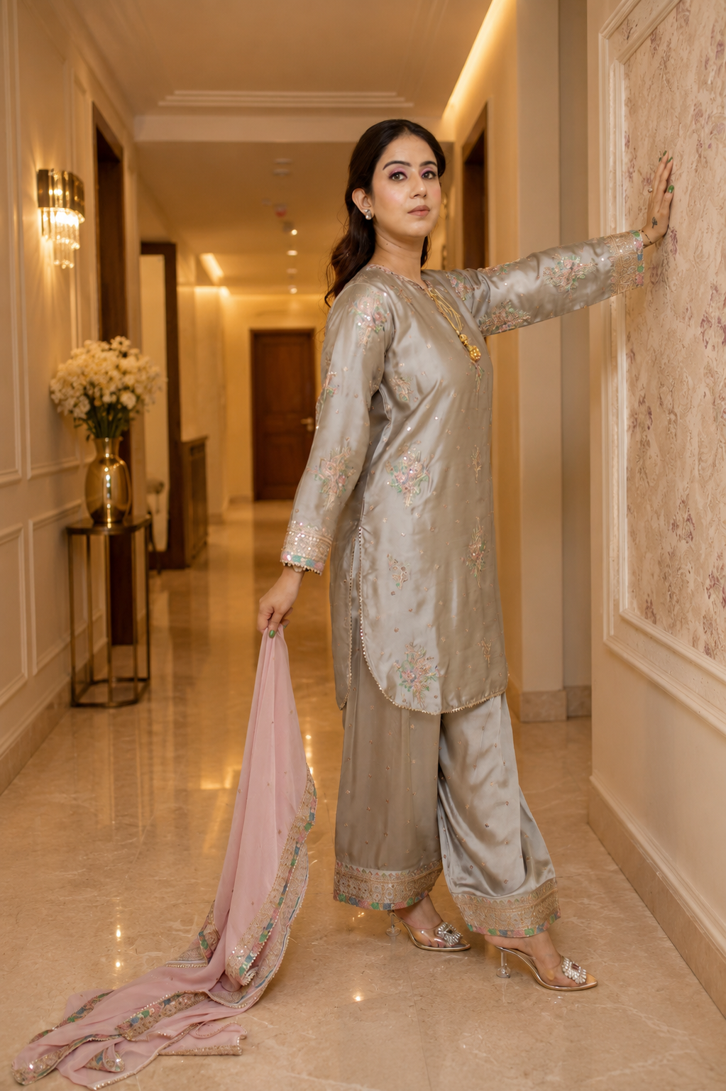 Silver Mist – Embroidered Satin Silk Farshi Set