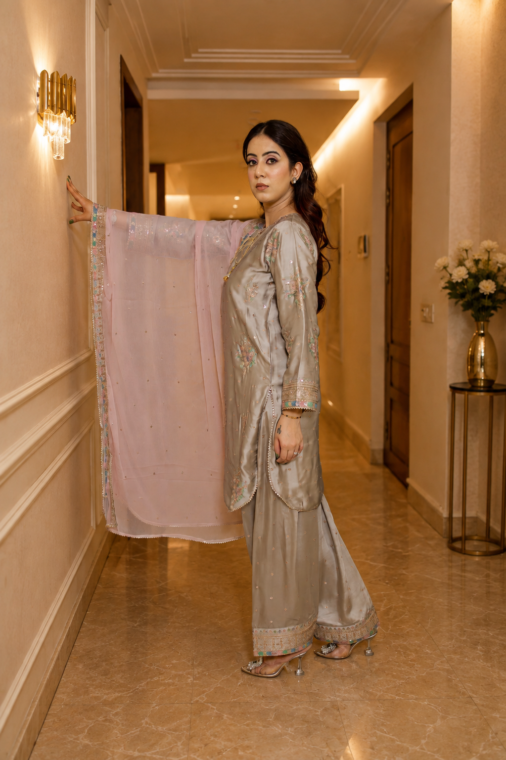 Silver Mist – Embroidered Satin Silk Farshi Set