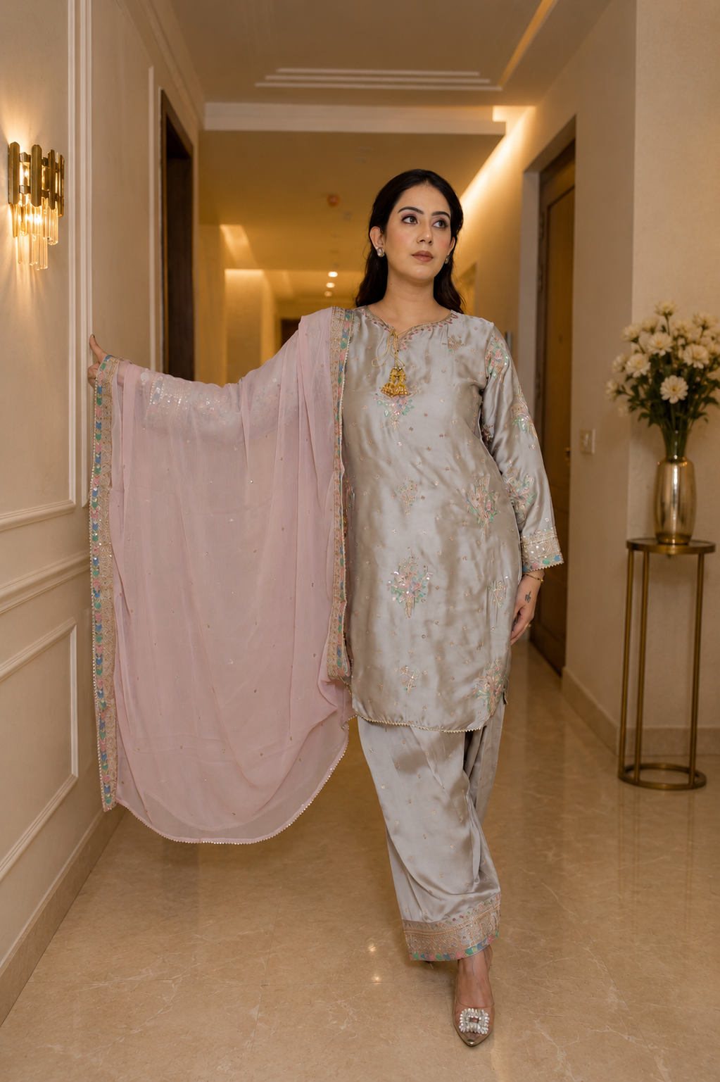 Silver Mist – Embroidered Satin Silk Farshi Set