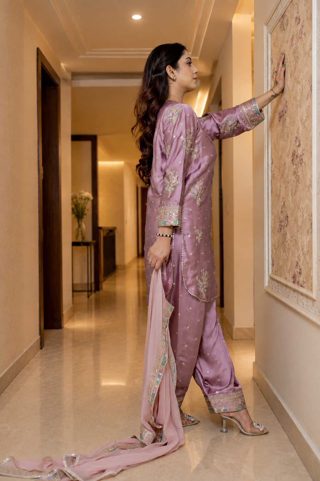 Rosewood Blush – Embroidered Satin Silk Farshi Set