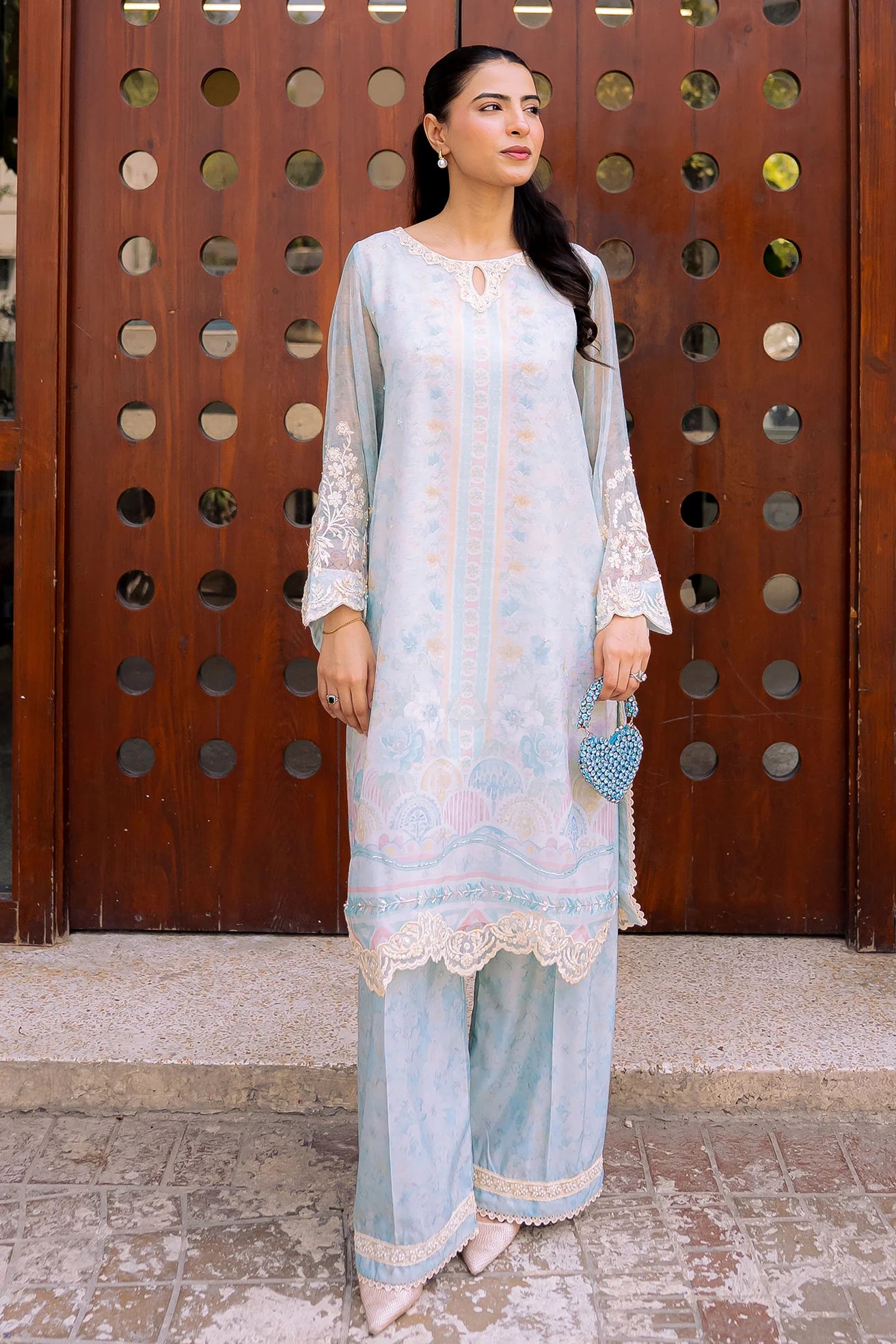 Sky Blue Embroidered Kurta Set (Khaddi Net)