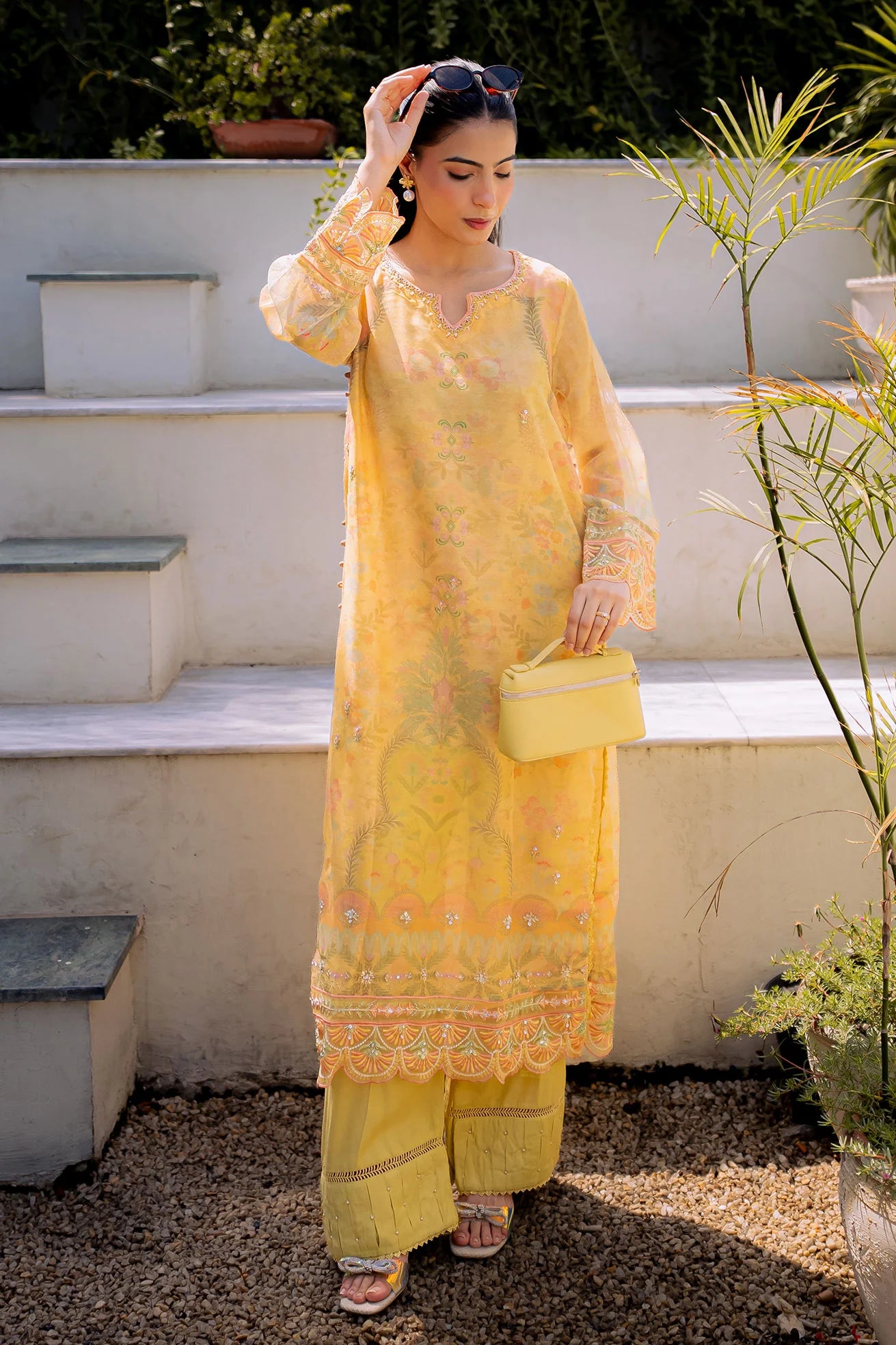 Yellow Embroidered Kurta Set (Khaddi Net)