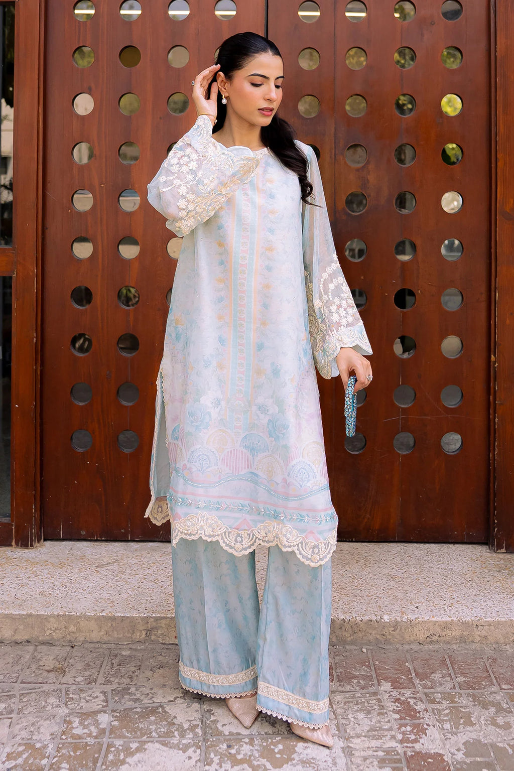Sky Blue Embroidered Kurta Set (Khaddi Net)