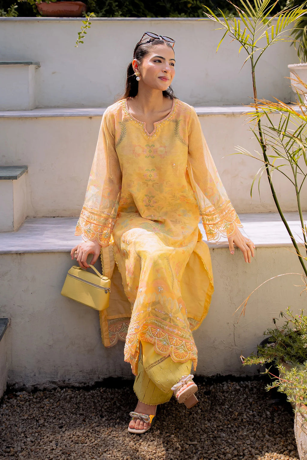 Yellow Embroidered Kurta Set (Khaddi Net)
