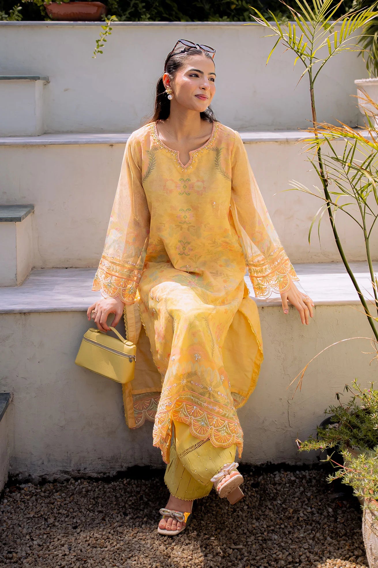 Yellow Embroidered Kurta Set (Khaddi Net)