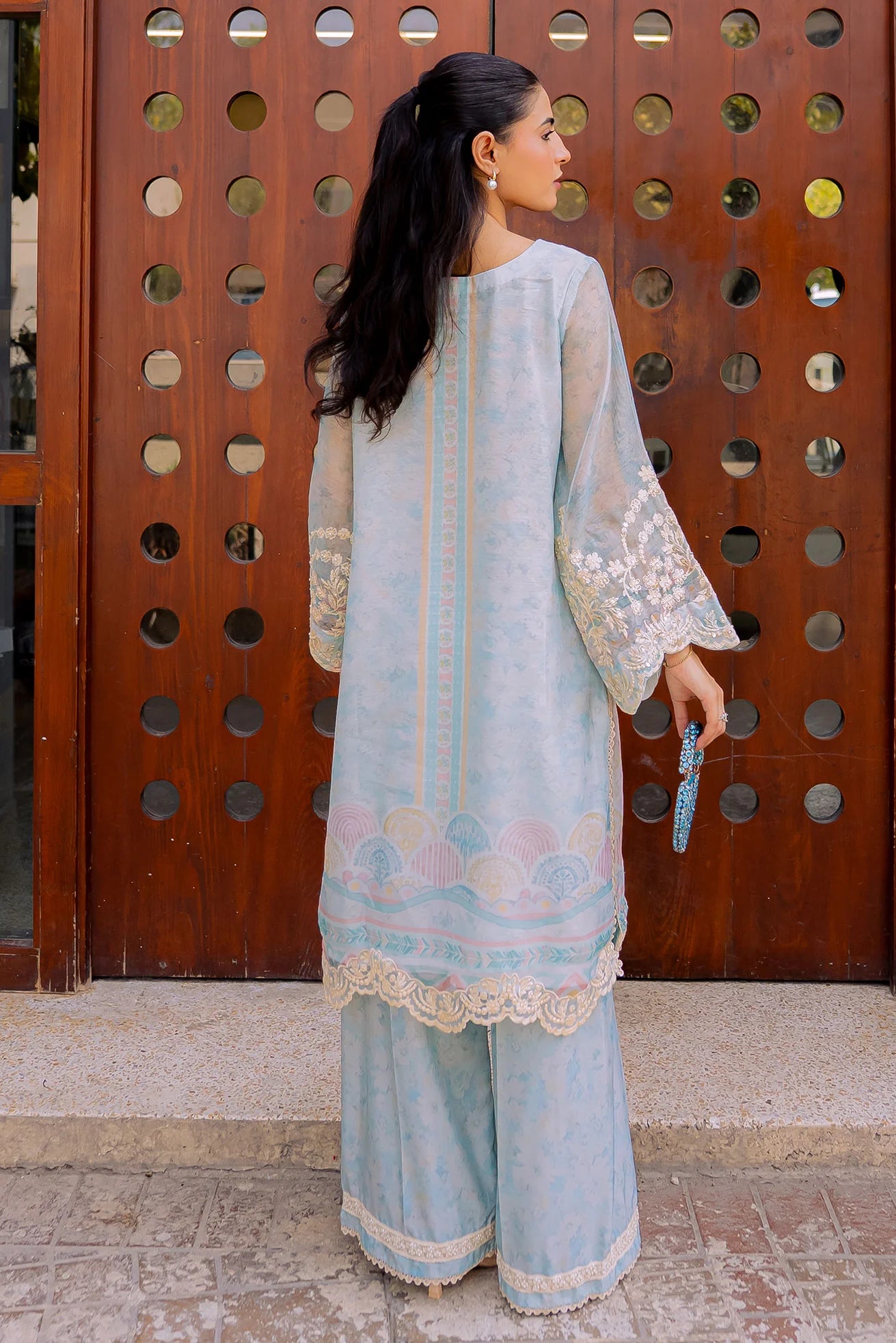 Sky Blue Embroidered Kurta Set (Khaddi Net)