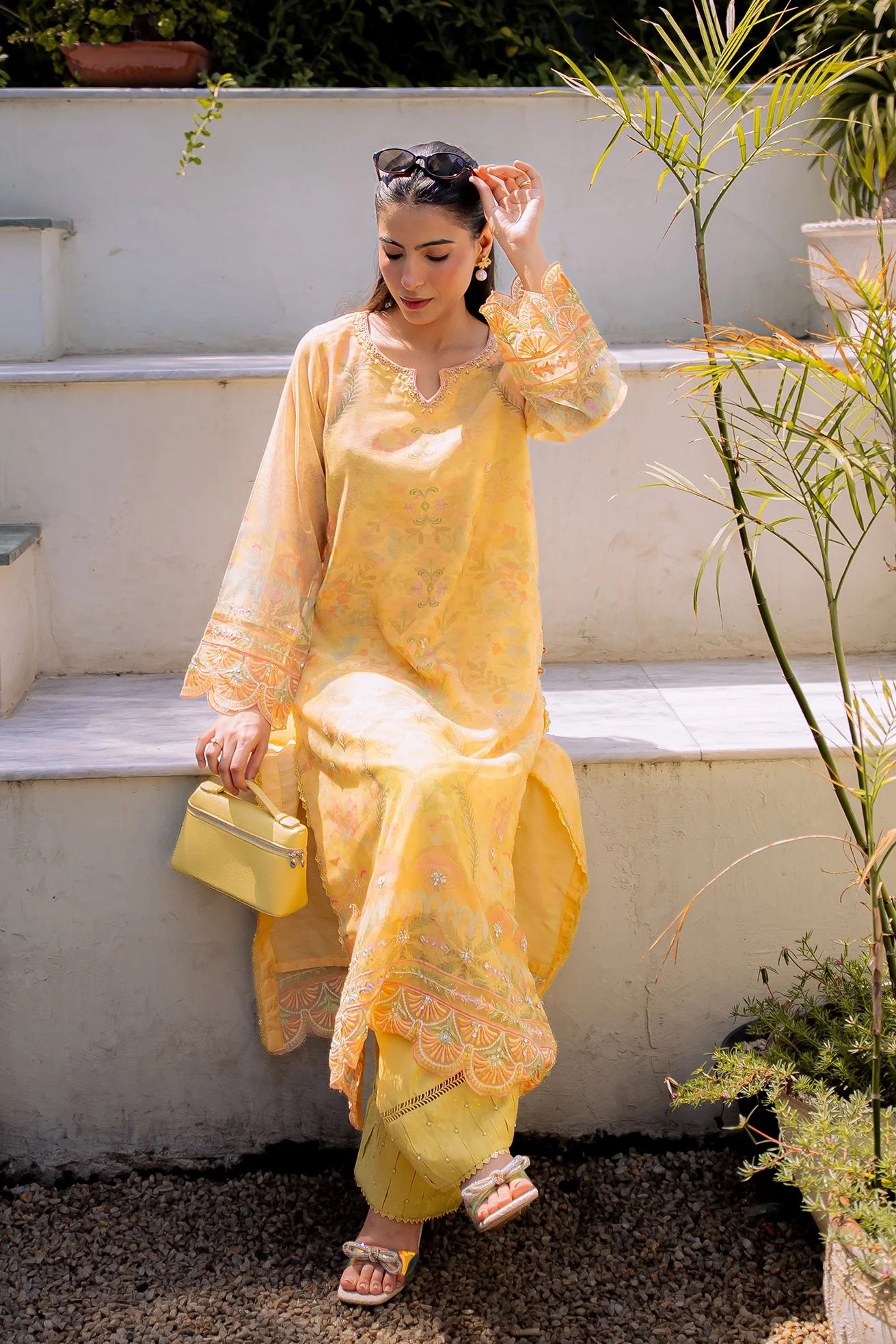 Yellow Embroidered Kurta Set (Khaddi Net)