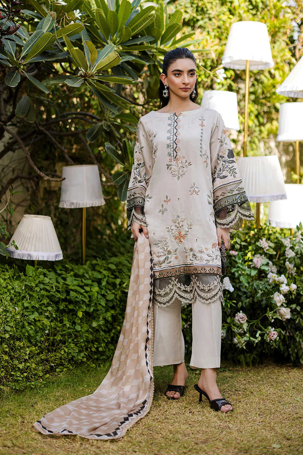 Beige Hand Embellished Silk Tunic Set