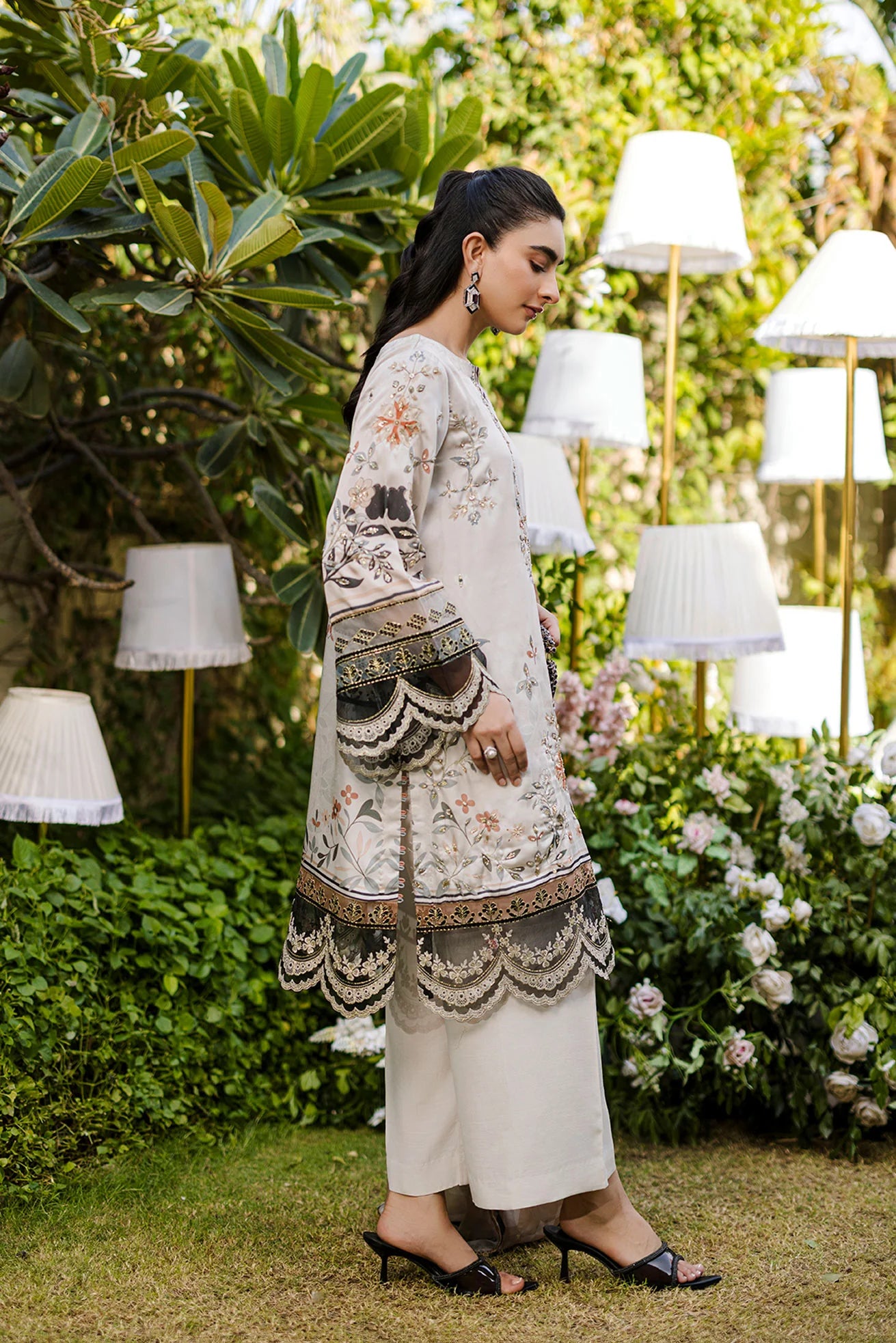 Beige Hand Embellished Silk Tunic Set