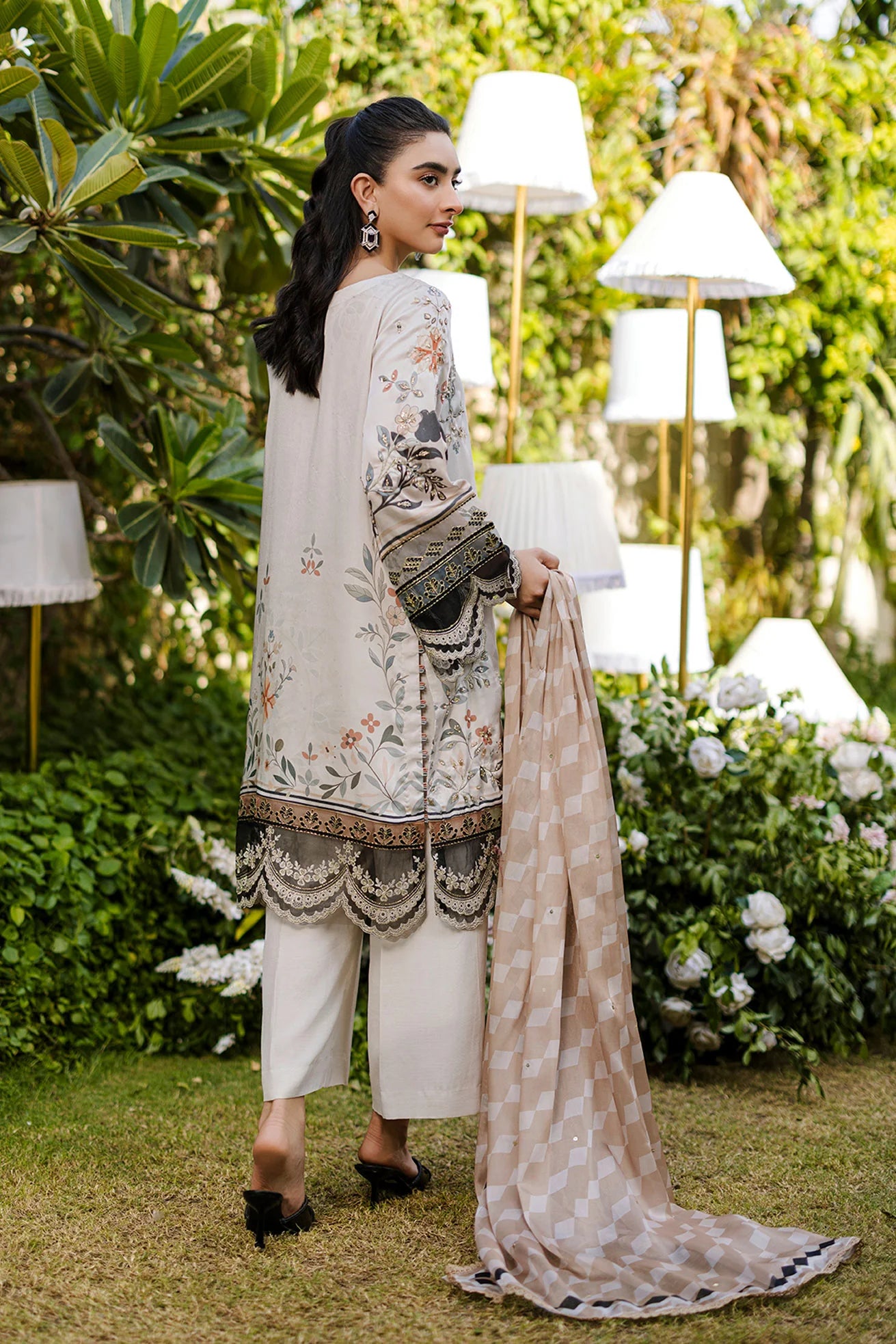 Beige Hand Embellished Silk Tunic Set