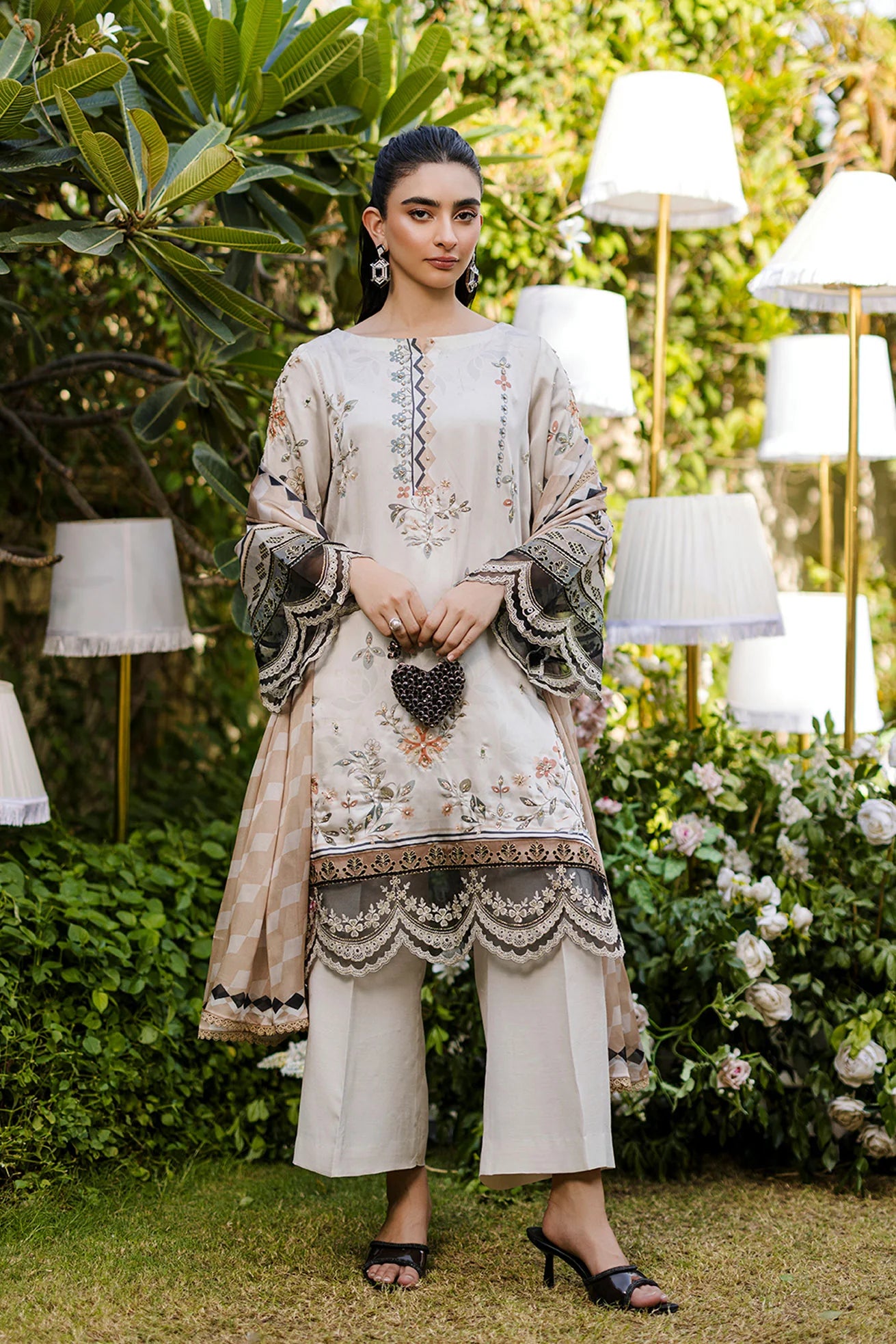 Beige Hand Embellished Silk Tunic Set