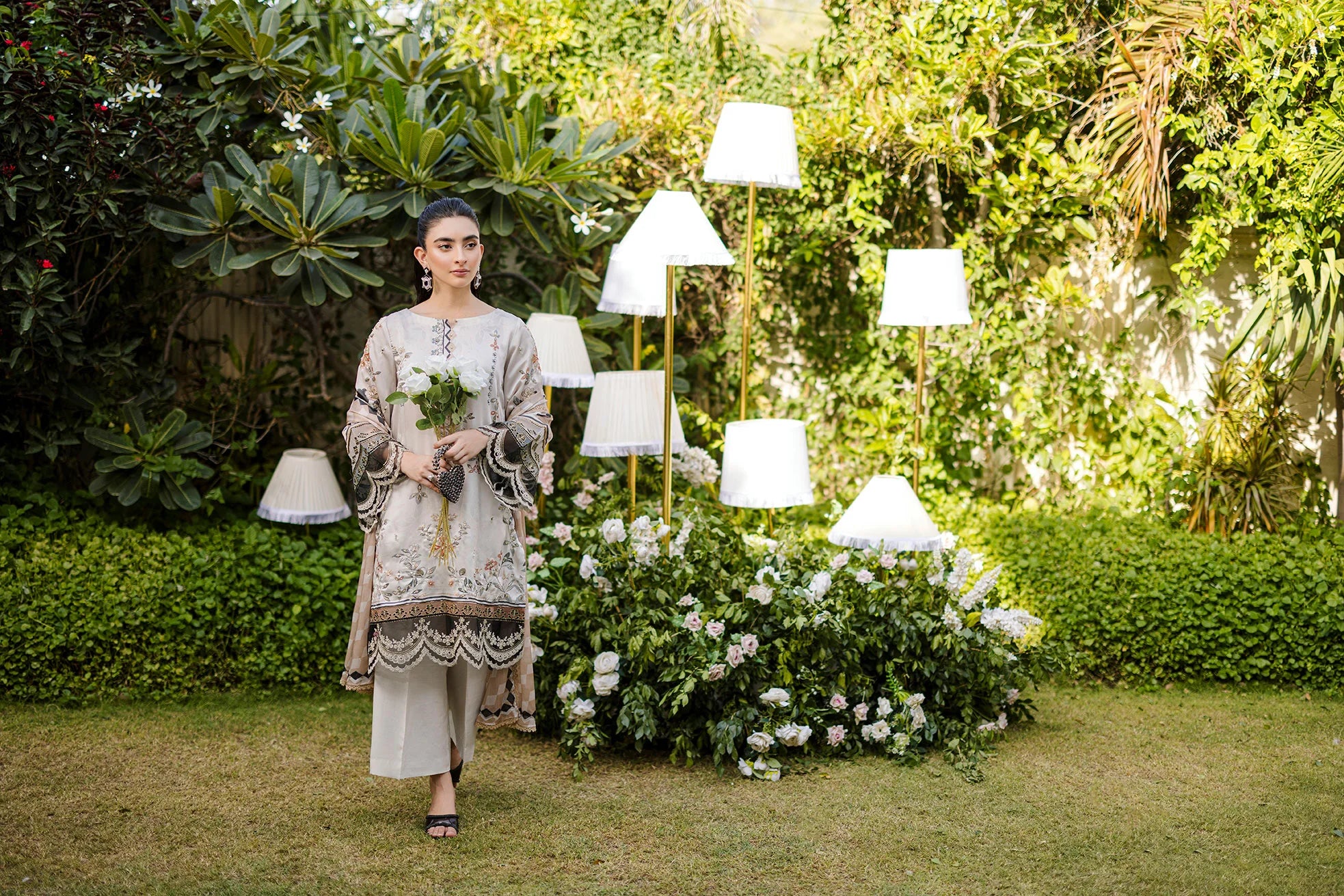 Beige Hand Embellished Silk Tunic Set