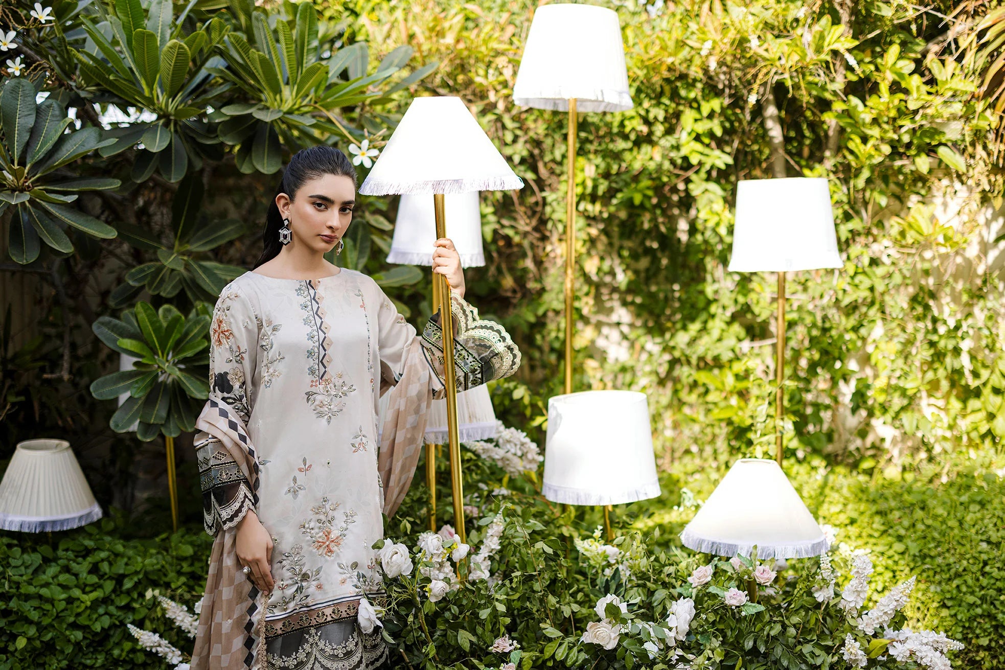Beige Hand Embellished Silk Tunic Set