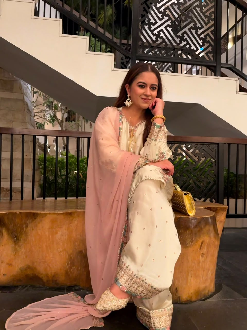 Ivory Bloom – Embroidered Satin Silk Farshi Set