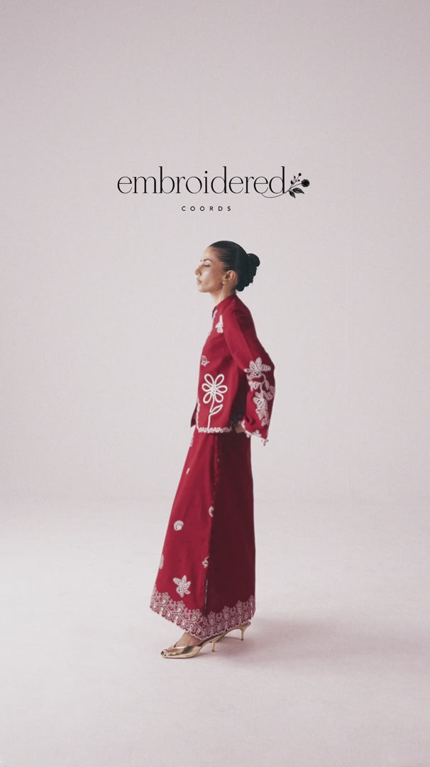 Red Self Jacquard 2-Piece Skirt Set